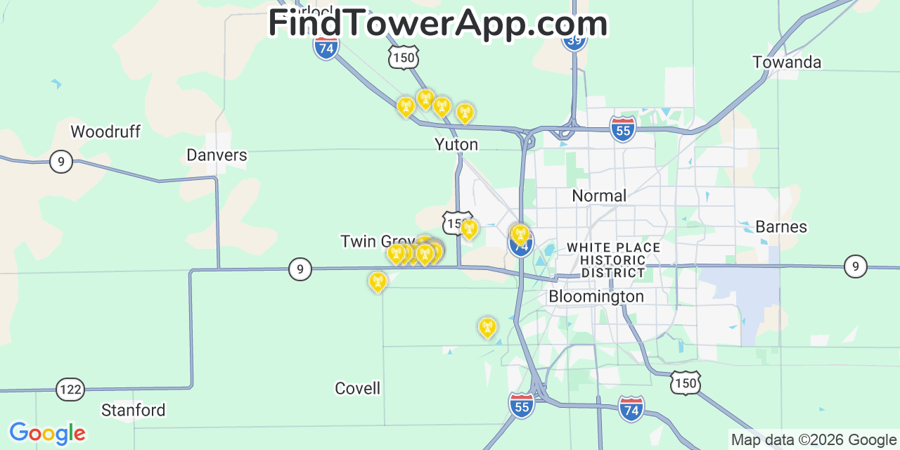 Map showing the 20 primary cell tower locations detected in Twin Grove, Illinois from AT&T, Verizon, and T-Mobile networks