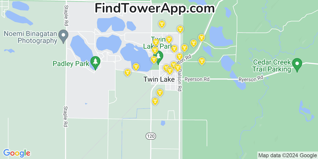 AT&T 4G/5G cell tower coverage map Twin Lake, Michigan