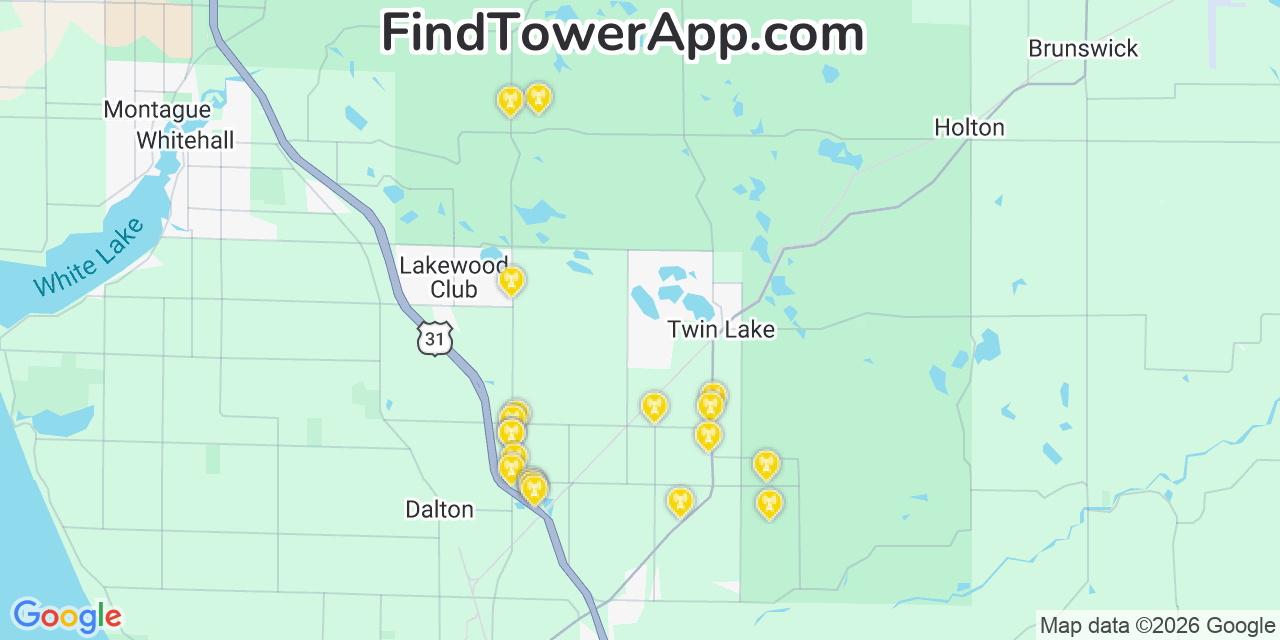 Map showing the 20 primary cell tower locations detected in Twin Lake, Michigan from AT&T, Verizon, and T-Mobile networks