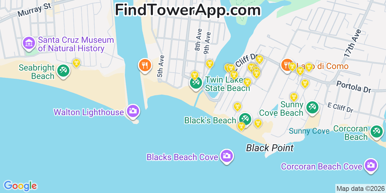 Map showing the 20 primary cell tower locations detected in Twin Lakes, California from AT&T, Verizon, and T-Mobile networks