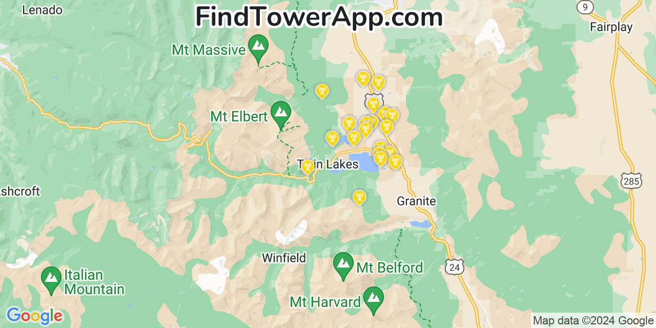 AT&T 4G/5G cell tower coverage map Twin Lakes, Colorado