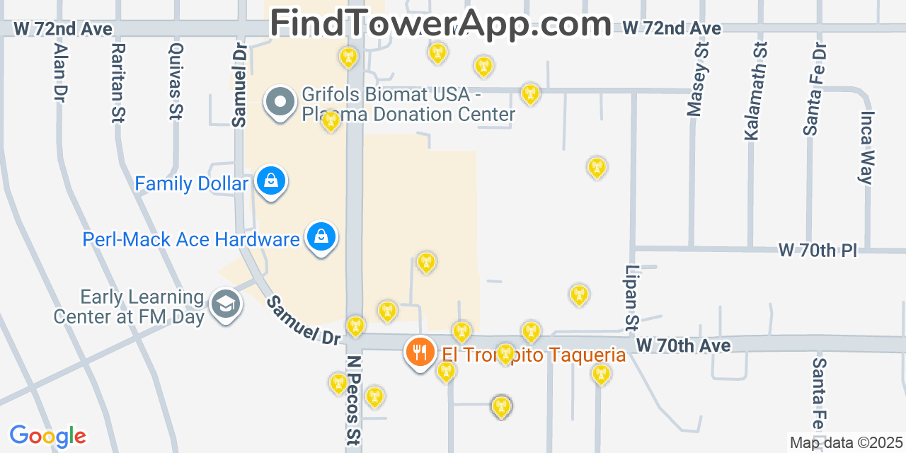 Map showing the 20 primary cell tower locations detected in Twin Lakes, Colorado from AT&T, Verizon, and T-Mobile networks