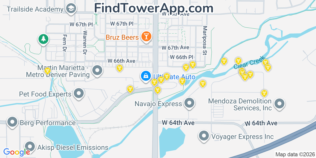 Map showing the 20 primary cell tower locations detected in Twin Lakes, Colorado from AT&T, Verizon, and T-Mobile networks