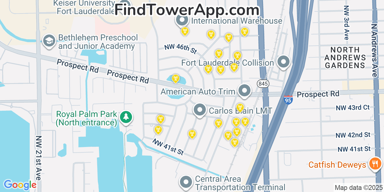 Map showing the 20 primary cell tower locations detected in Twin Lakes, Florida from AT&T, Verizon, and T-Mobile networks