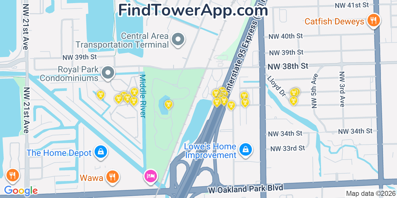 Map showing the 20 primary cell tower locations detected in Twin Lakes, Florida from AT&T, Verizon, and T-Mobile networks