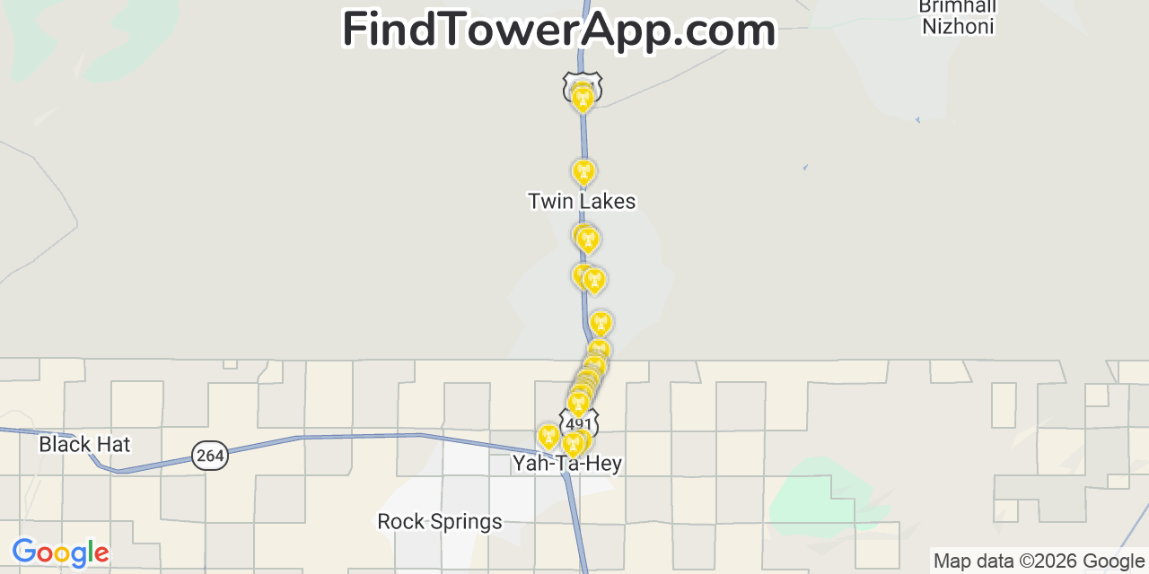 Map showing the 20 primary cell tower locations detected in Twin Lakes, New Mexico from AT&T, Verizon, and T-Mobile networks