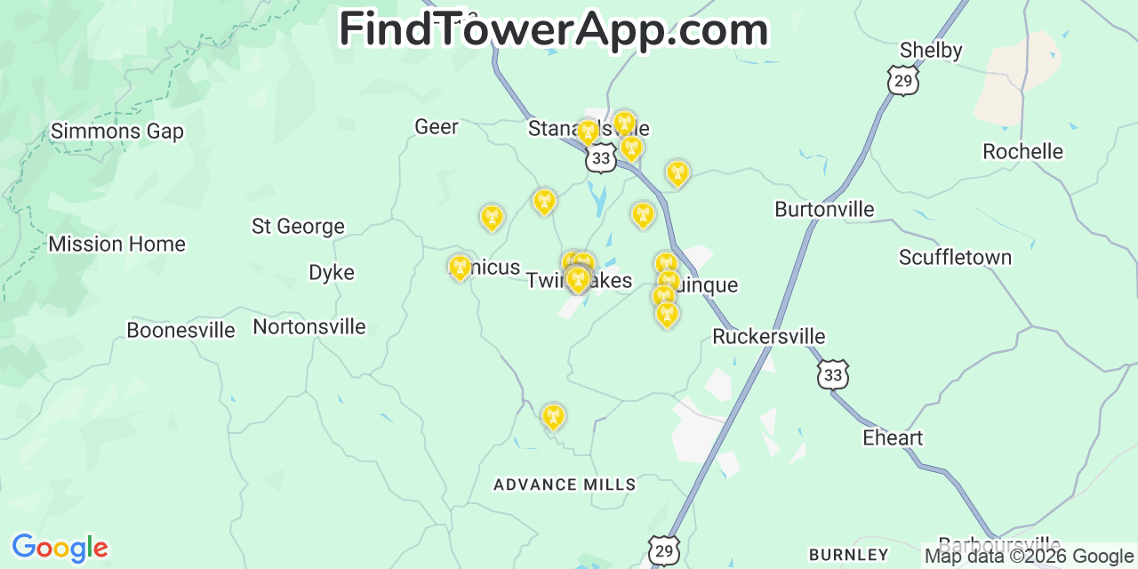 Map showing the 20 primary cell tower locations detected in Twin Lakes, Virginia from AT&T, Verizon, and T-Mobile networks