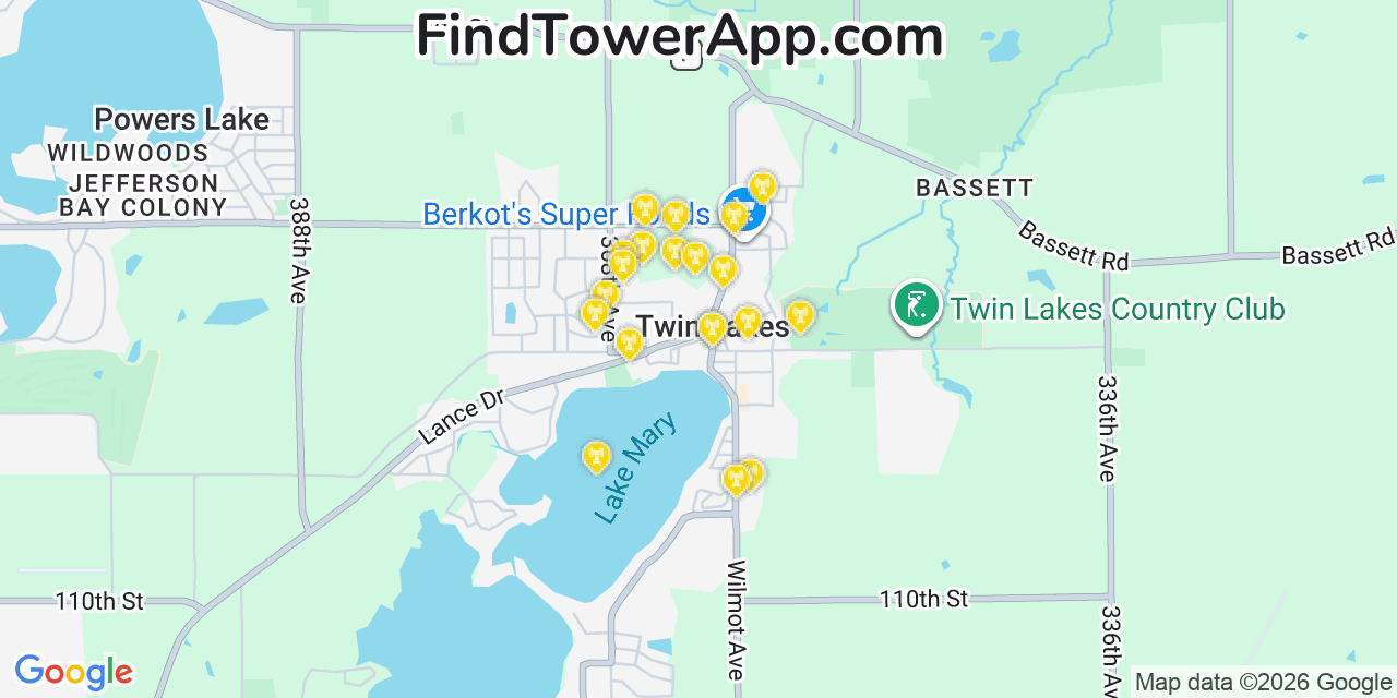 Map showing the 20 primary cell tower locations detected in Twin Lakes, Wisconsin from AT&T, Verizon, and T-Mobile networks