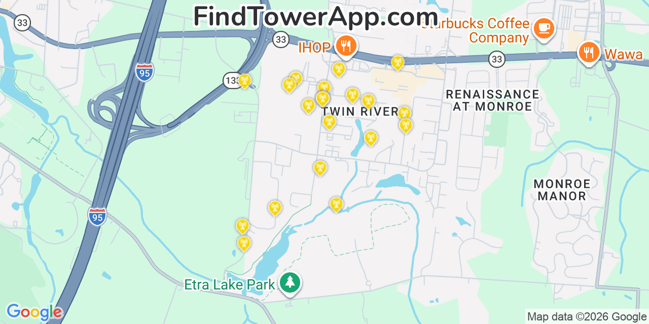 Map showing the 20 primary cell tower locations detected in Twin Rivers, New Jersey from AT&T, Verizon, and T-Mobile networks