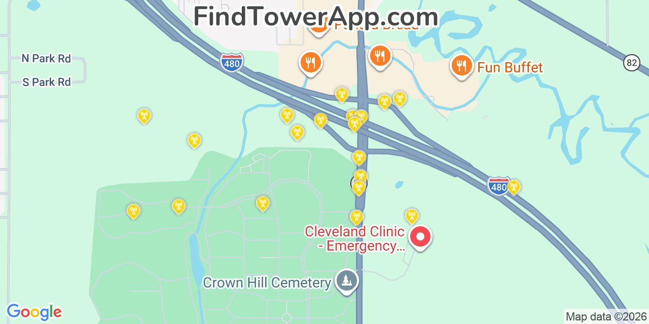 Map showing the 20 primary cell tower locations detected in Twinsburg, Ohio from AT&T, Verizon, and T-Mobile networks