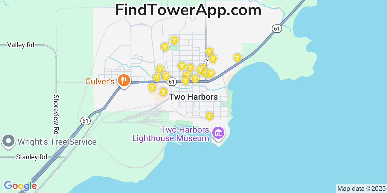Map showing the 20 primary cell tower locations detected in Two Harbors, Minnesota from AT&T, Verizon, and T-Mobile networks