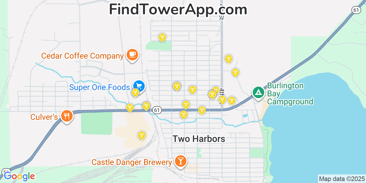 Map showing the 20 primary cell tower locations detected in Two Harbors, Minnesota from AT&T, Verizon, and T-Mobile networks