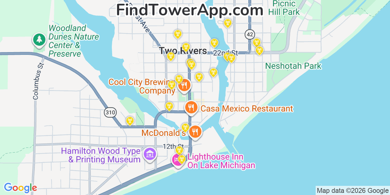 Map showing the 20 primary cell tower locations detected in Two Rivers, Wisconsin from AT&T, Verizon, and T-Mobile networks