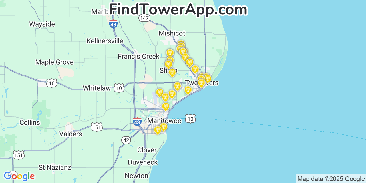 Two Rivers Locality Map Two Rivers T-Mobile Cell Towers, Wisconsin - FindTower App