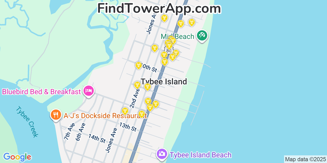 Map showing the 20 primary cell tower locations detected in Tybee Island, Georgia from AT&T, Verizon, and T-Mobile networks