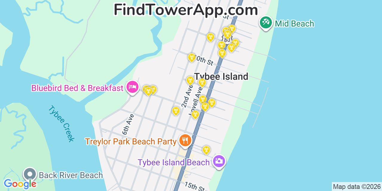 Map showing the 20 primary cell tower locations detected in Tybee Island, Georgia from AT&T, Verizon, and T-Mobile networks