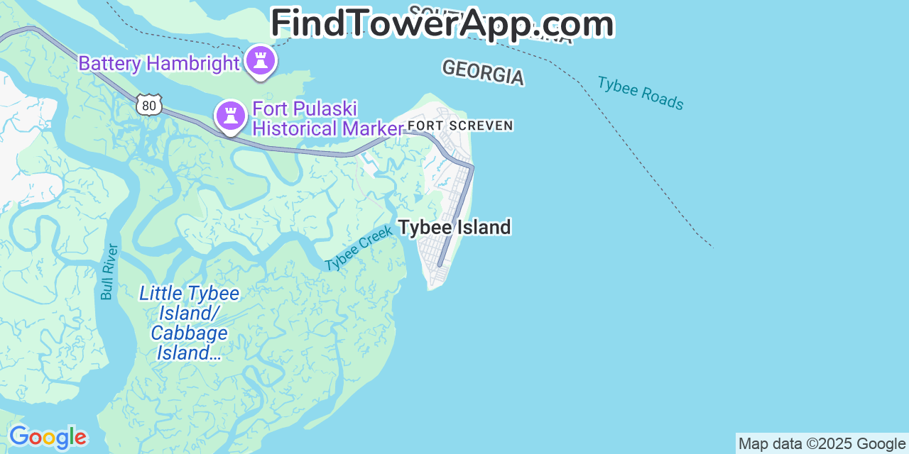 Map showing the 20 primary Mobitel cell tower locations detected in Tybee Island, Georgia with coverage radius and signal strength indicators