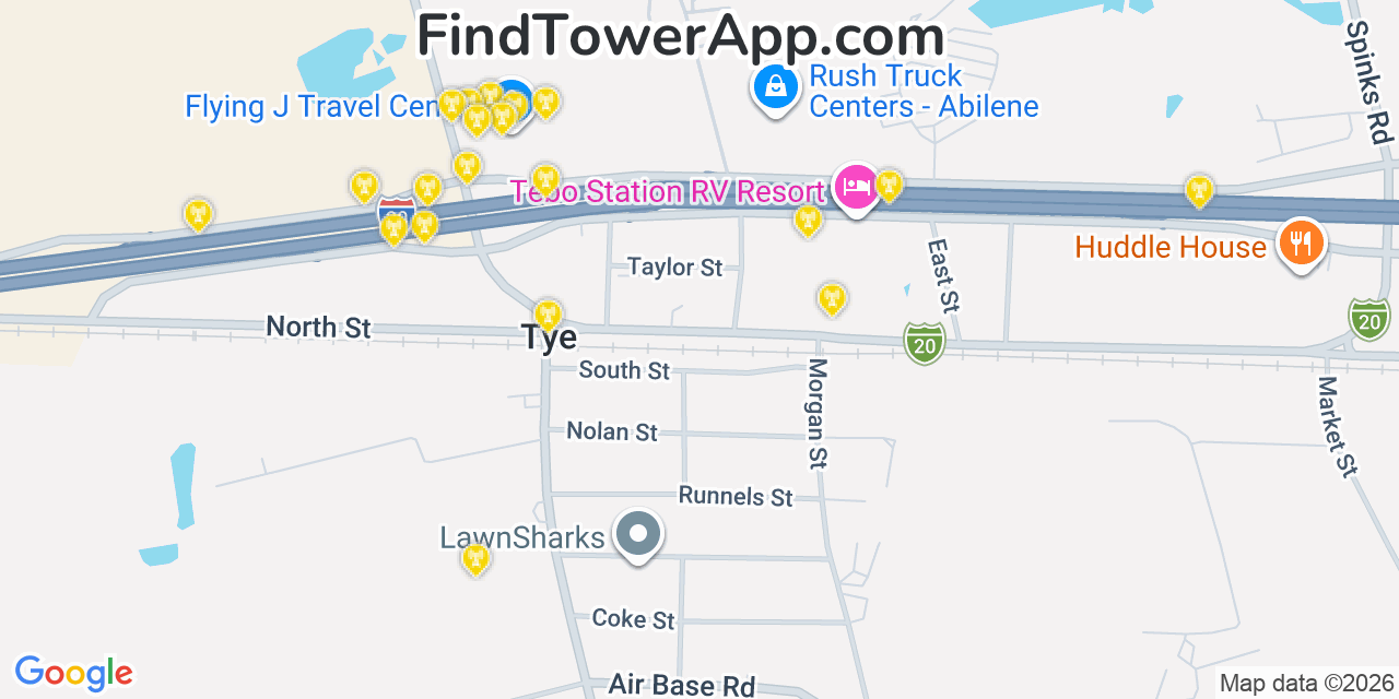 Map showing the 20 primary cell tower locations detected in Tye, Texas from AT&T, Verizon, and T-Mobile networks