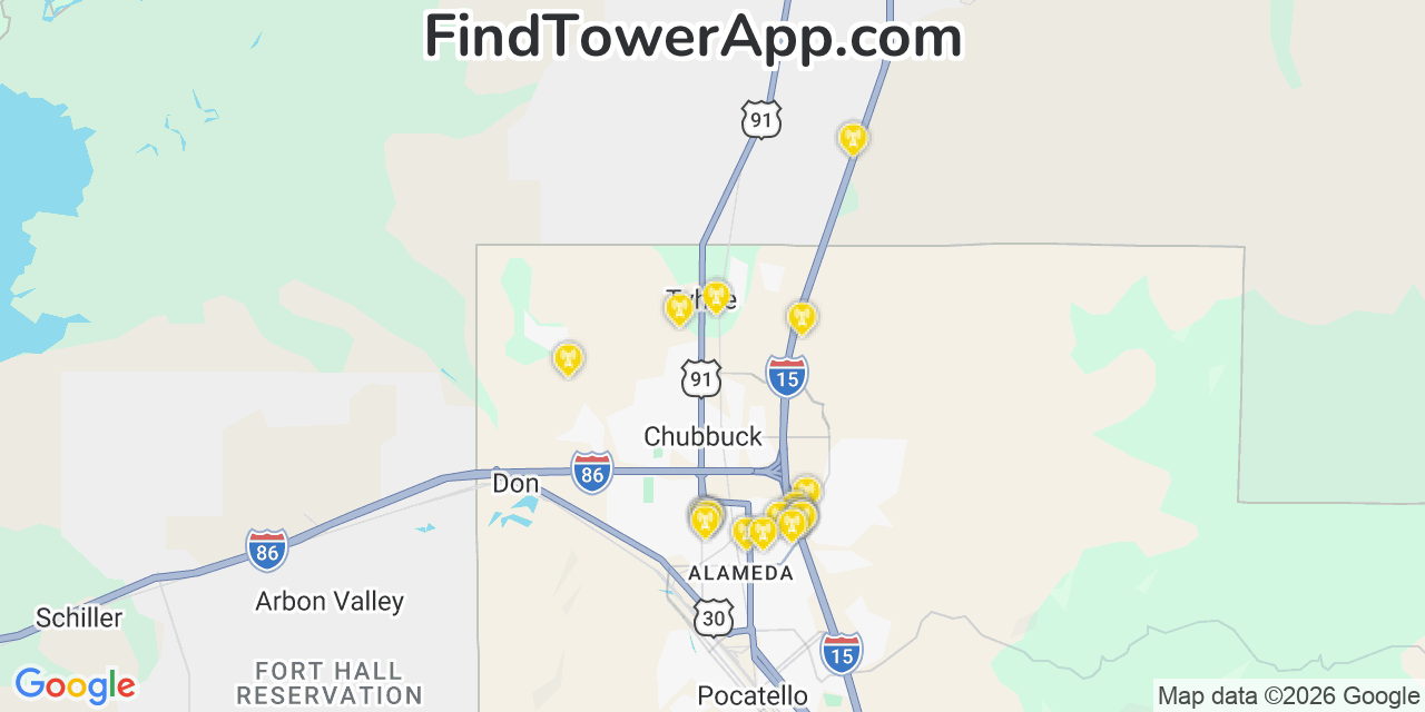 Map showing the 20 primary cell tower locations detected in Tyhee, Idaho from AT&T, Verizon, and T-Mobile networks