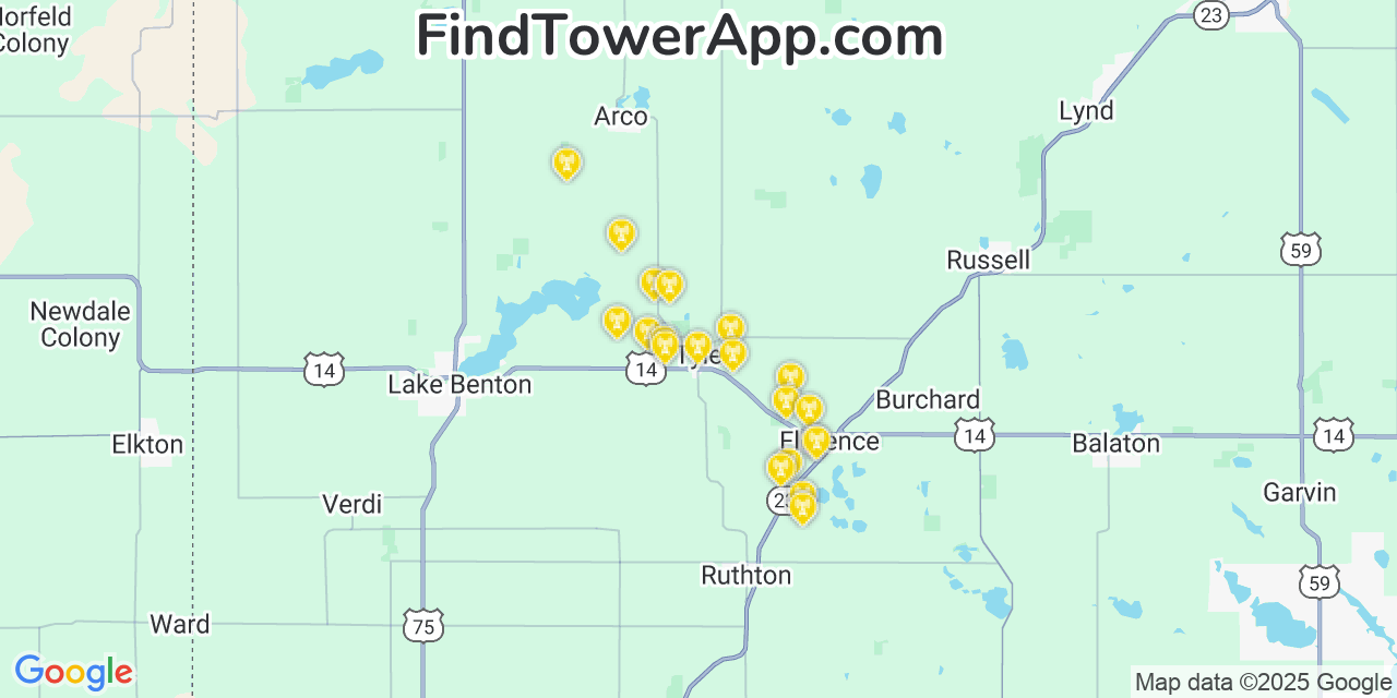 Map showing the 20 primary cell tower locations detected in Tyler, Minnesota from AT&T, Verizon, and T-Mobile networks