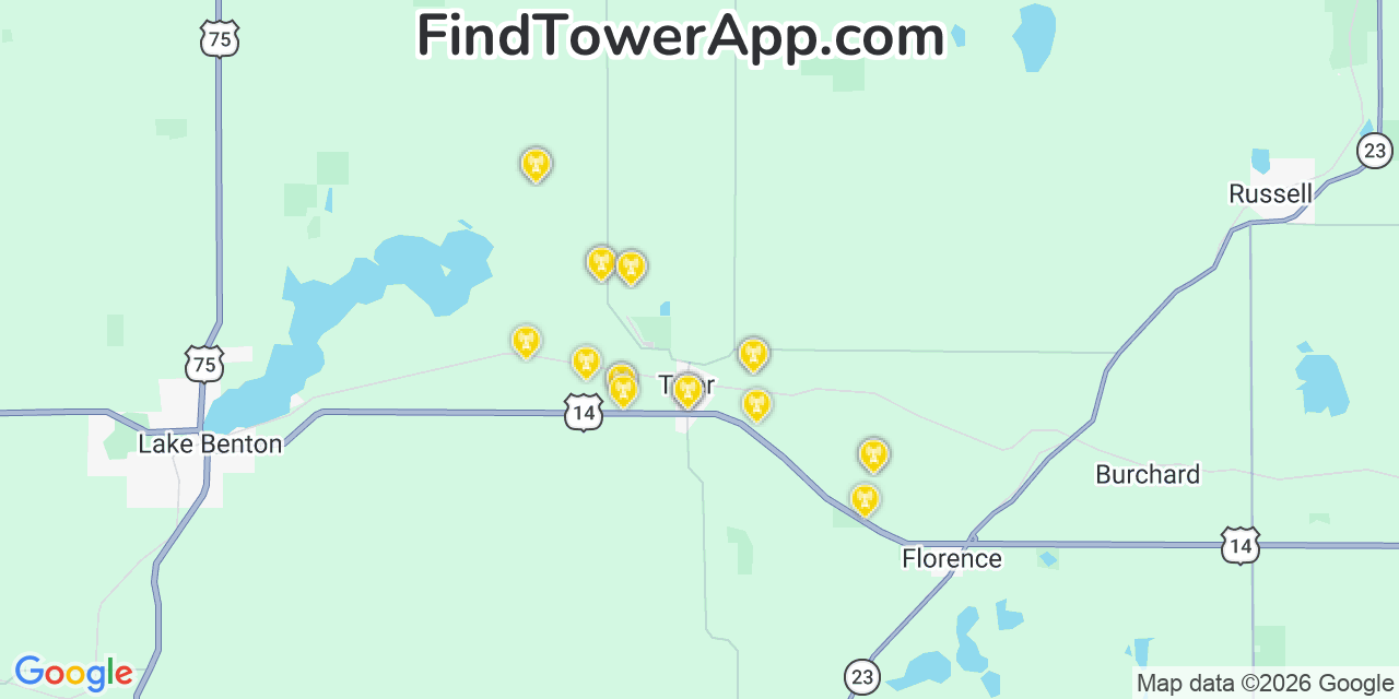 Map showing the 20 primary cell tower locations detected in Tyler, Minnesota from AT&T, Verizon, and T-Mobile networks
