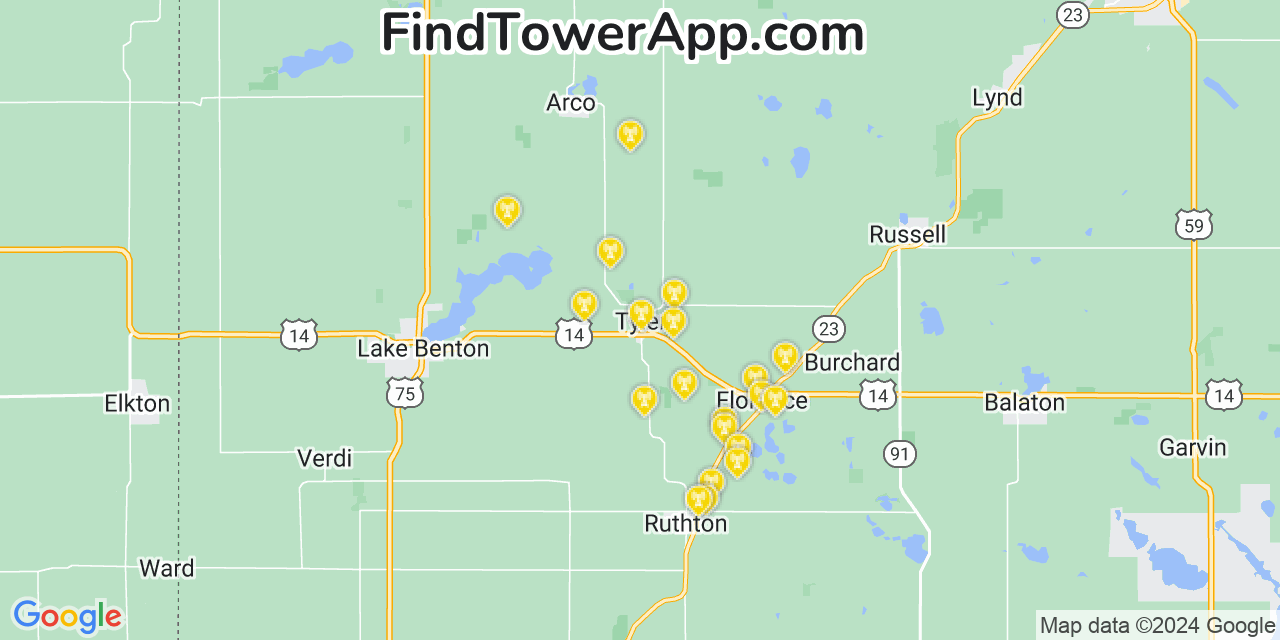 Verizon 4G/5G cell tower coverage map Tyler, Minnesota