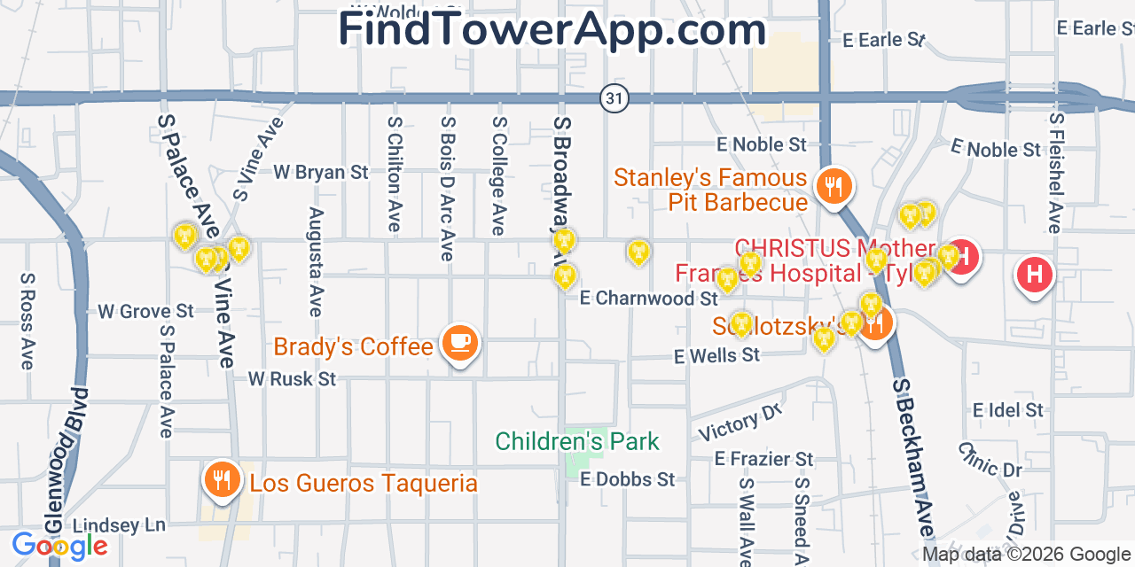 Map showing the 20 primary cell tower locations detected in Tyler, Texas from AT&T, Verizon, and T-Mobile networks