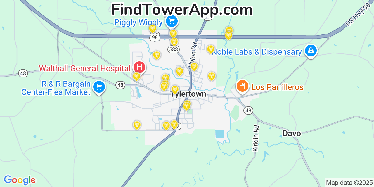 Map showing the 20 primary cell tower locations detected in Tylertown, Mississippi from AT&T, Verizon, and T-Mobile networks