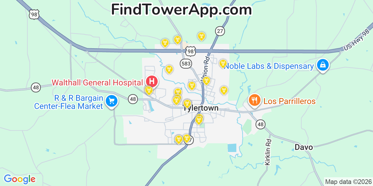 Map showing the 20 primary cell tower locations detected in Tylertown, Mississippi from AT&T, Verizon, and T-Mobile networks