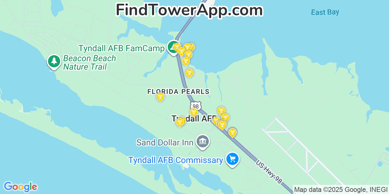Map showing the 20 primary cell tower locations detected in Tyndall Air Force Base, Florida from AT&T, Verizon, and T-Mobile networks