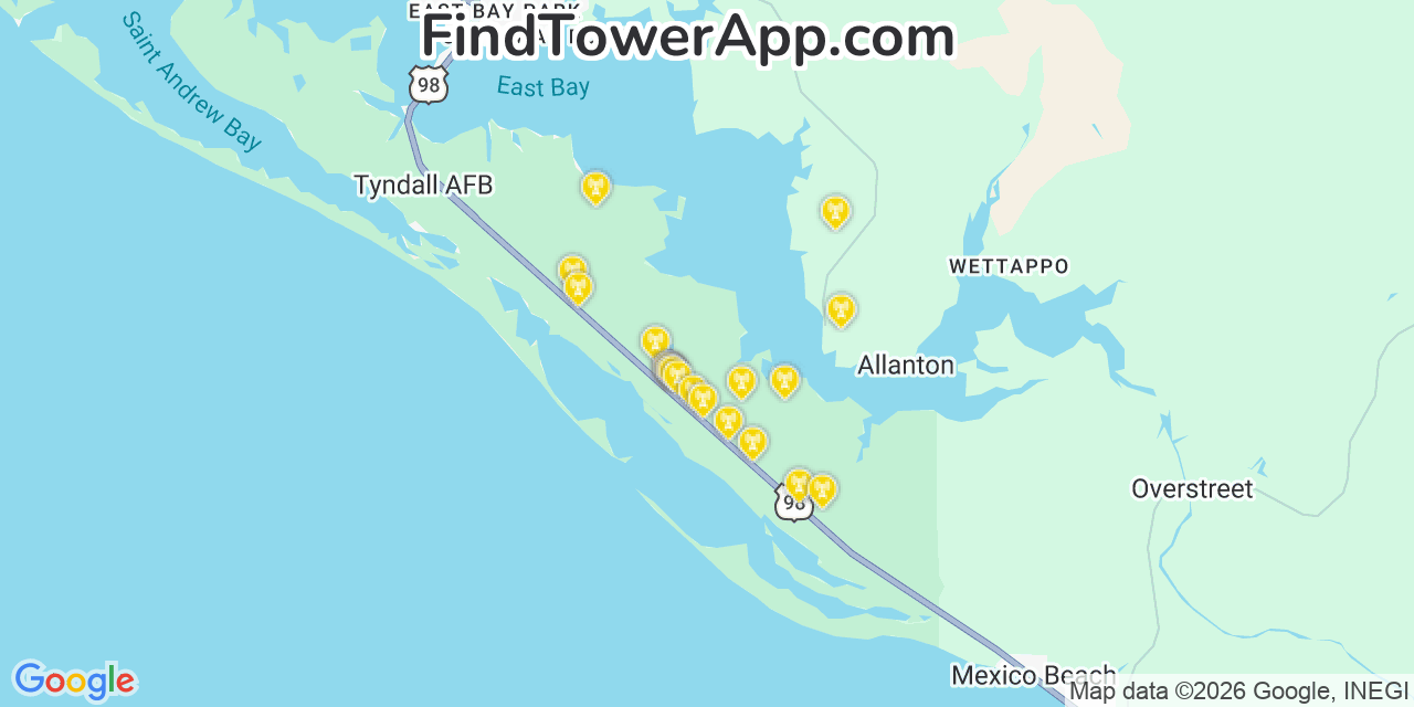 Map showing the 20 primary cell tower locations detected in Tyndall Air Force Base, Florida from AT&T, Verizon, and T-Mobile networks