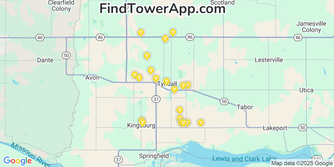 Map showing the 20 primary cell tower locations detected in Tyndall, South Dakota from AT&T, Verizon, and T-Mobile networks