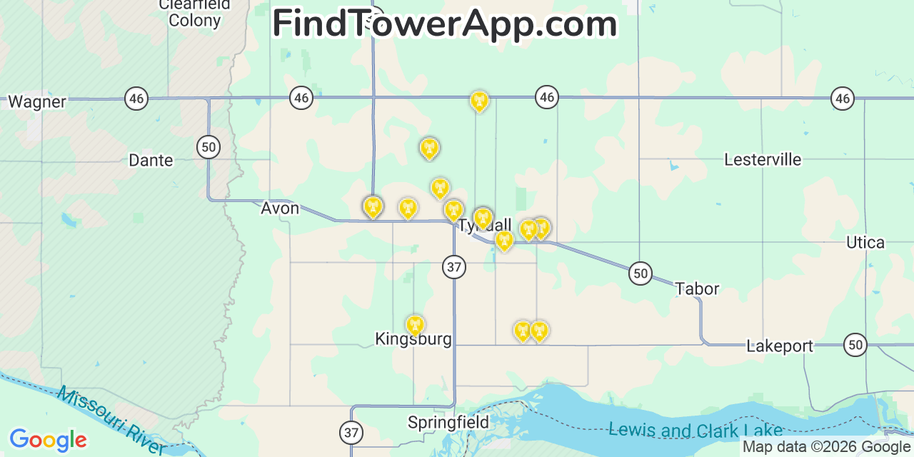 Map showing the 20 primary cell tower locations detected in Tyndall, South Dakota from AT&T, Verizon, and T-Mobile networks