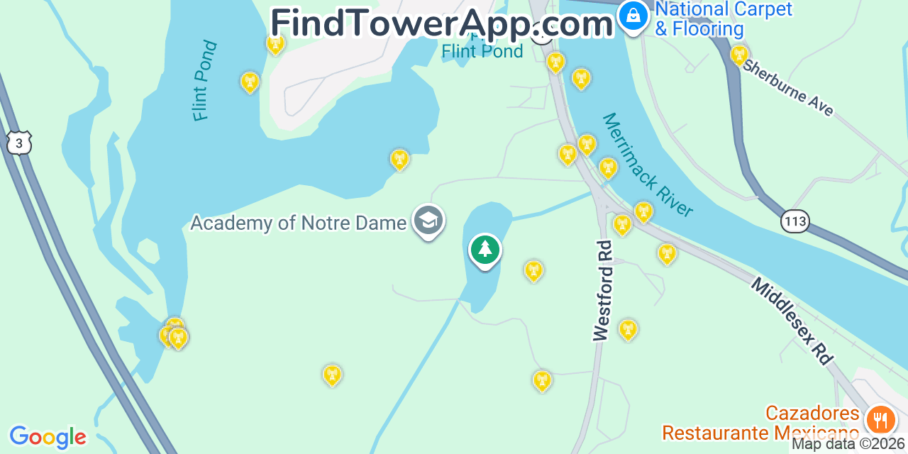 Map showing the 20 primary cell tower locations detected in Tyngsboro, Massachusetts from AT&T, Verizon, and T-Mobile networks