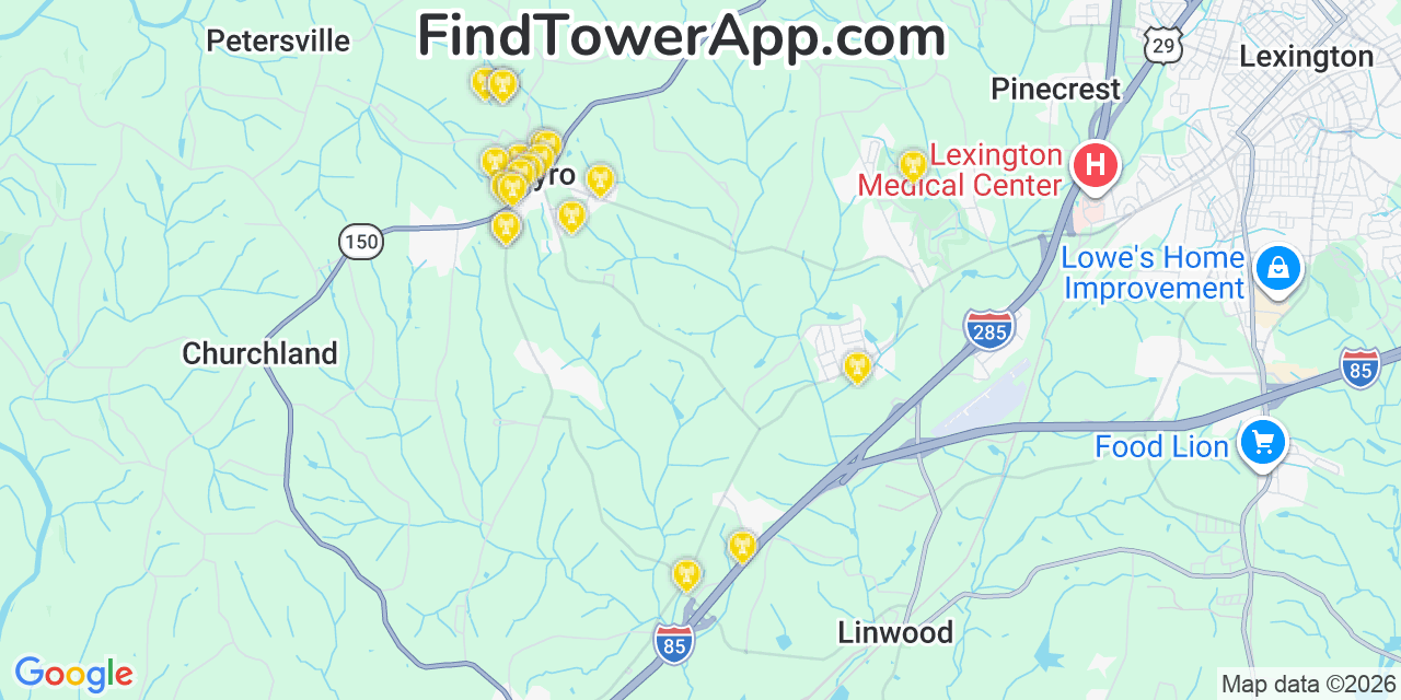 Map showing the 20 primary cell tower locations detected in Tyro, North Carolina from AT&T, Verizon, and T-Mobile networks