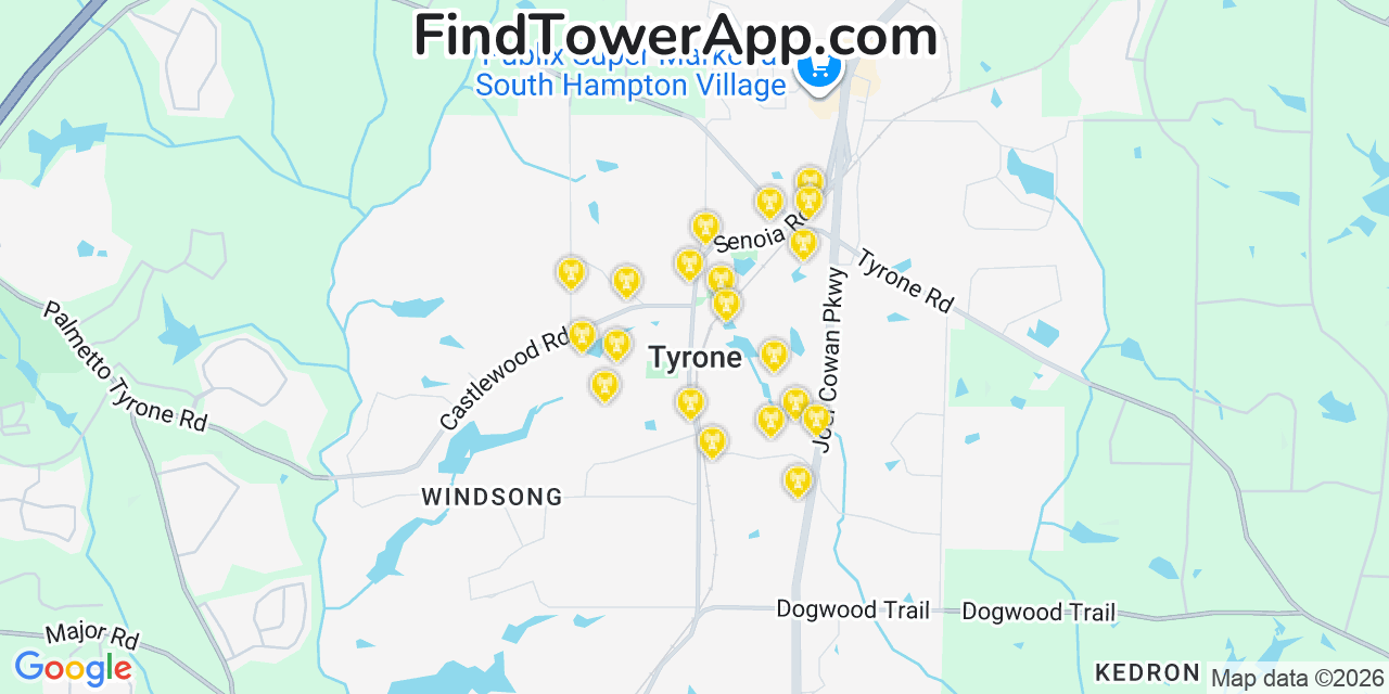 Map showing the 20 primary cell tower locations detected in Tyrone, Georgia from AT&T, Verizon, and T-Mobile networks
