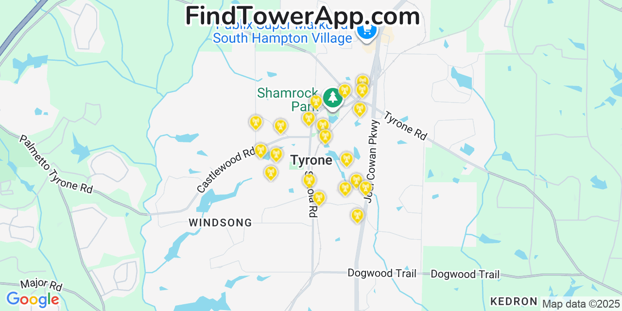 Map showing the 20 primary Mobitel cell tower locations detected in Tyrone, Georgia with coverage radius and signal strength indicators