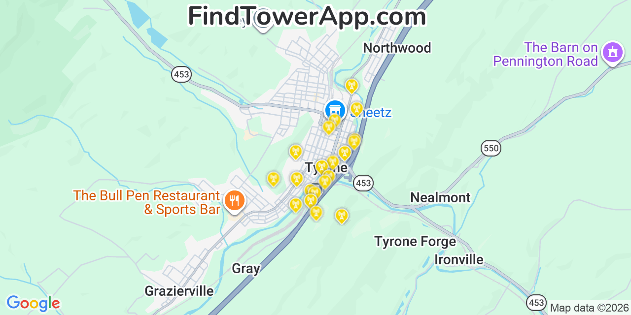 Map showing the 20 primary cell tower locations detected in Tyrone, Pennsylvania from AT&T, Verizon, and T-Mobile networks
