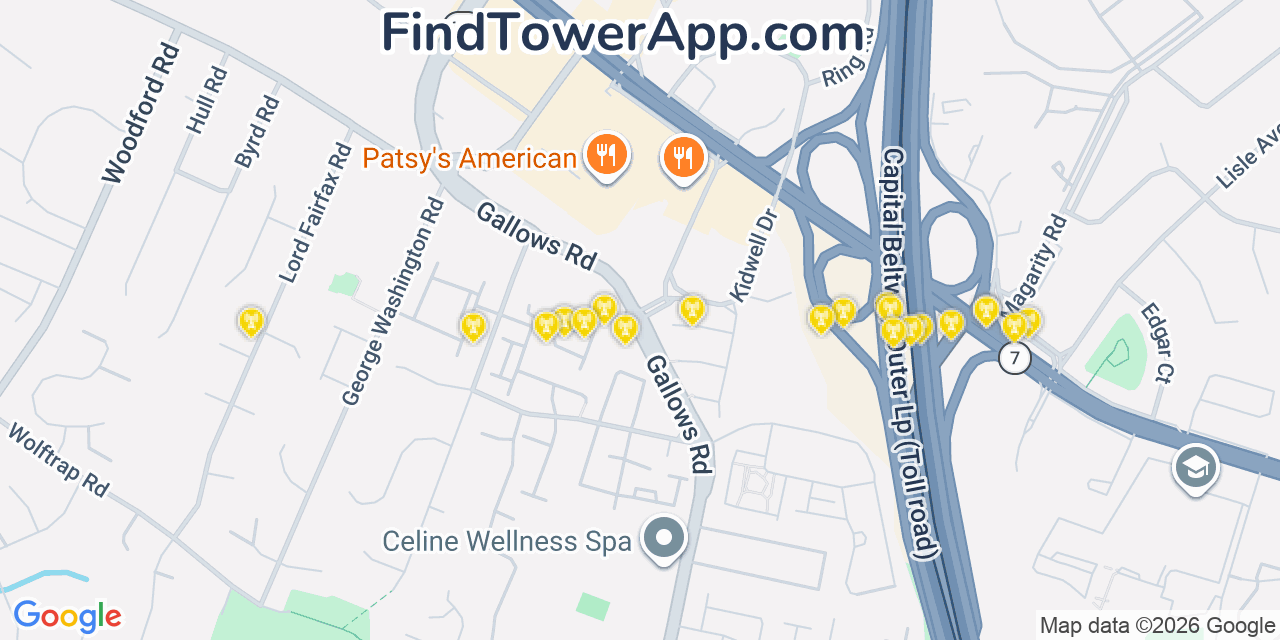 Map showing the 20 primary cell tower locations detected in Tysons Corner, Virginia from AT&T, Verizon, and T-Mobile networks