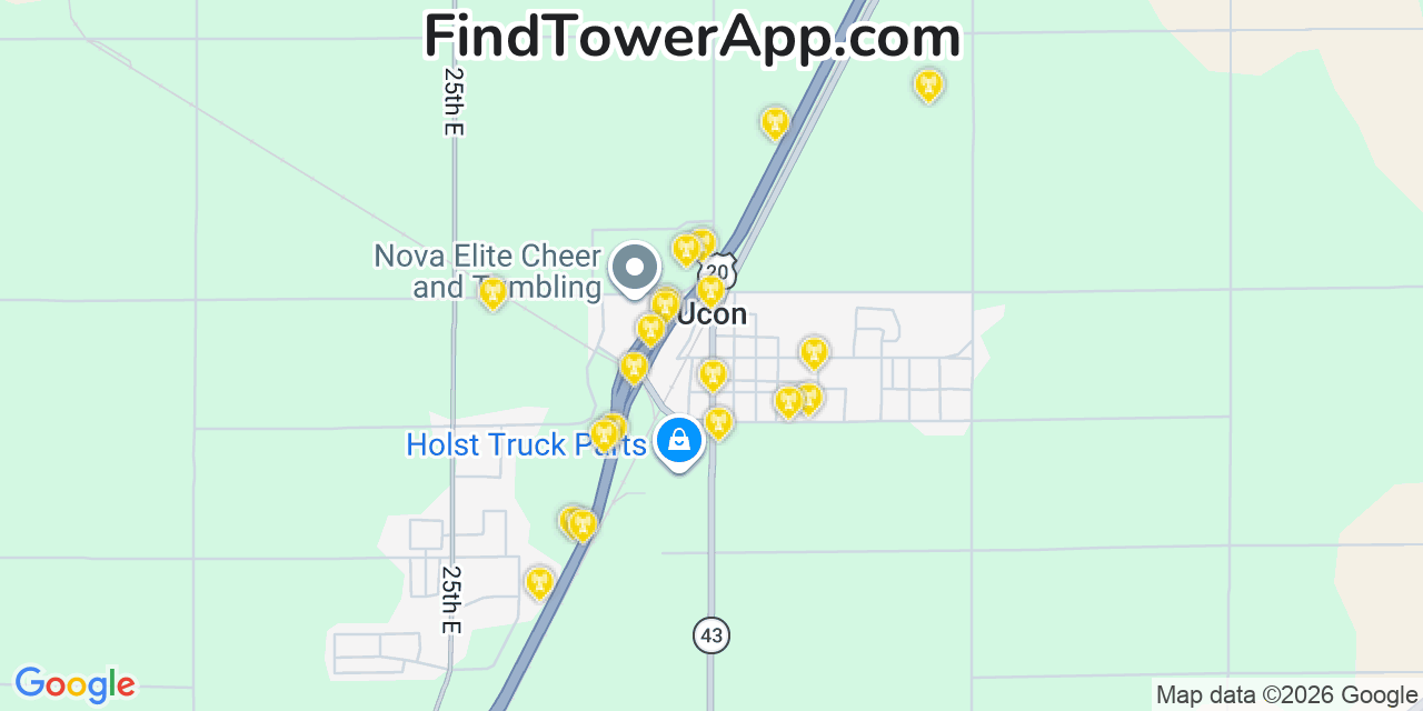 Map showing the 20 primary cell tower locations detected in Ucon, Idaho from AT&T, Verizon, and T-Mobile networks