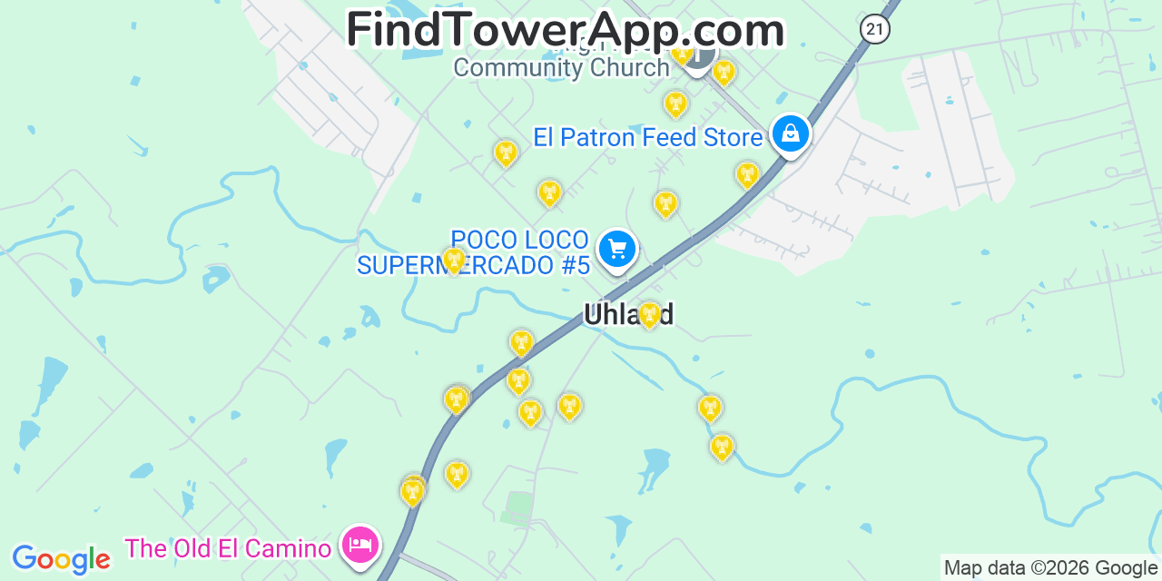 Map showing the 20 primary cell tower locations detected in Uhland, Texas from AT&T, Verizon, and T-Mobile networks