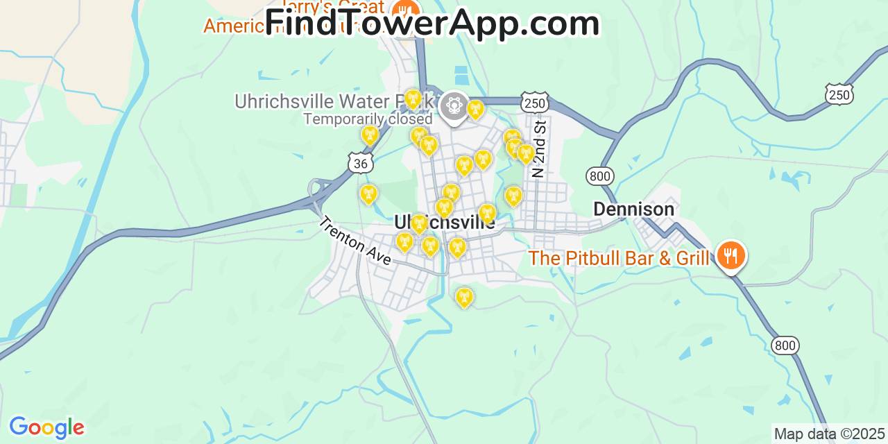 Map showing the 20 primary cell tower locations detected in Uhrichsville, Ohio from AT&T, Verizon, and T-Mobile networks