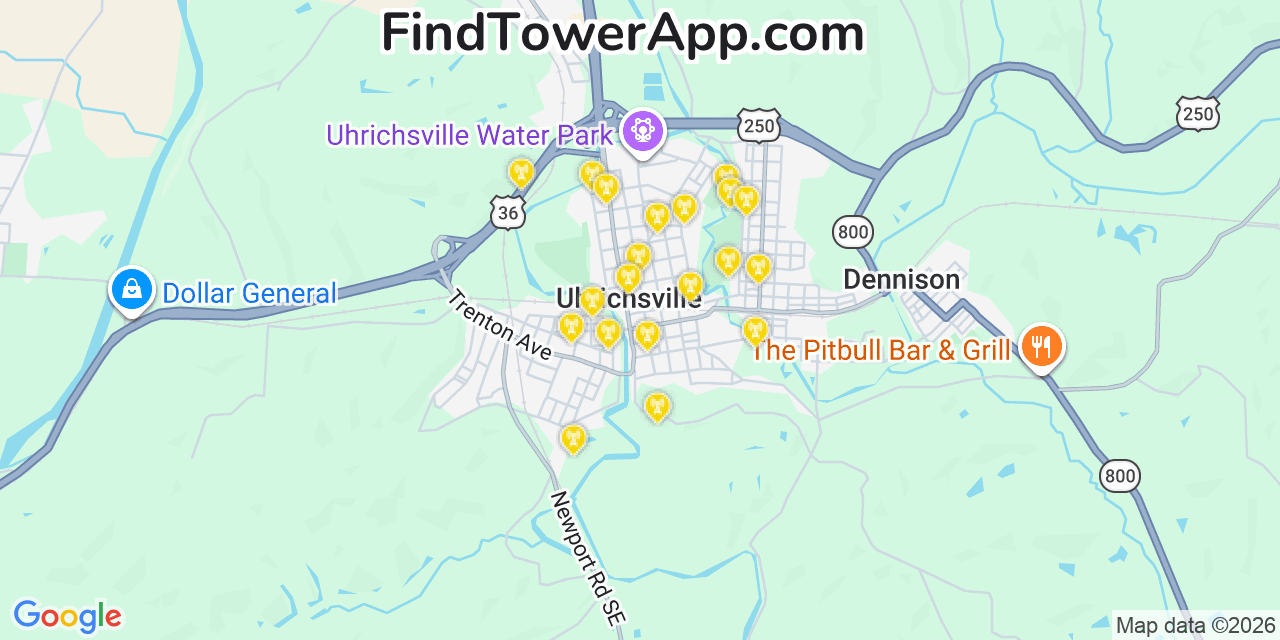 Map showing the 20 primary cell tower locations detected in Uhrichsville, Ohio from AT&T, Verizon, and T-Mobile networks