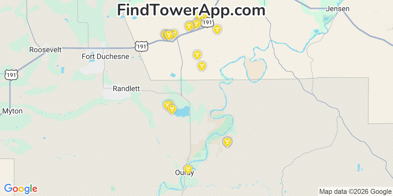 Map showing the 20 primary cell tower locations detected in Uintah, Utah from AT&T, Verizon, and T-Mobile networks
