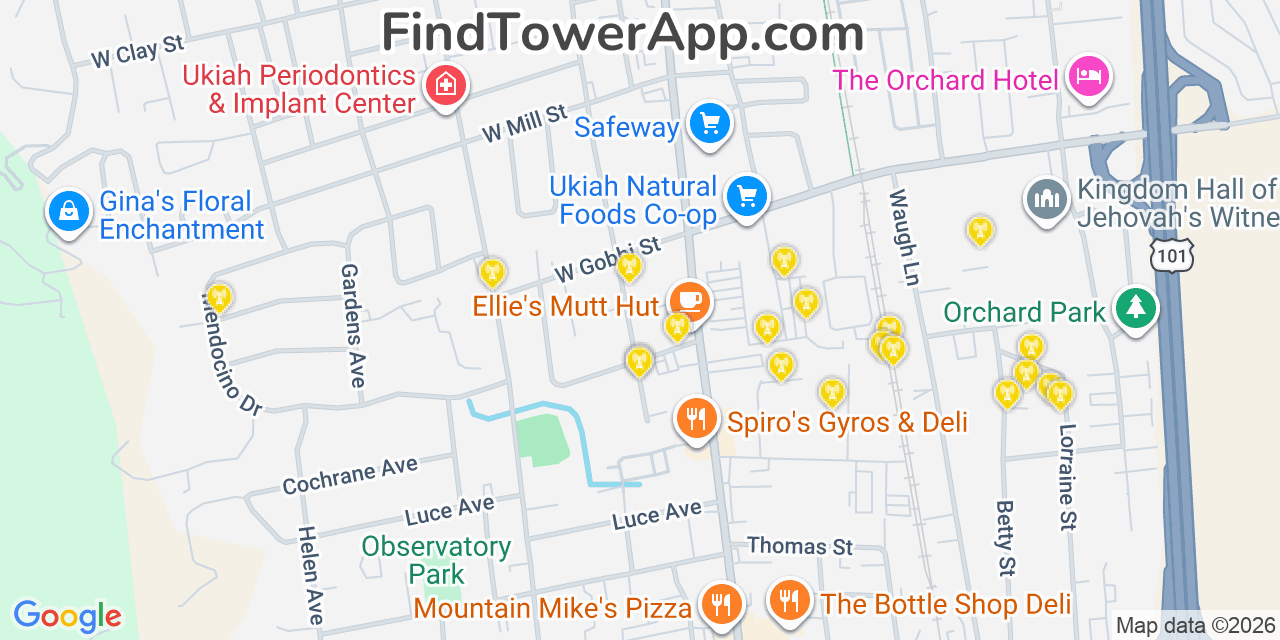 Map showing the 20 primary cell tower locations detected in Ukiah, California from AT&T, Verizon, and T-Mobile networks