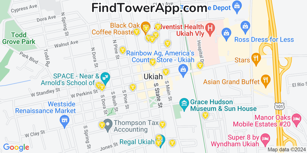 Verizon 4G/5G cell tower coverage map Ukiah, California