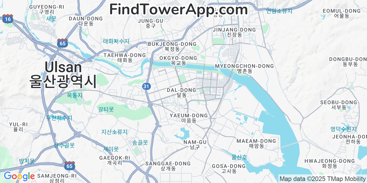 Map showing the 0 primary LG-U  cell tower locations detected in Ulsan, South Korea with coverage radius and signal strength indicators