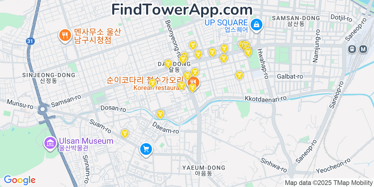 Map showing the 20 primary cell tower locations detected in Ulsan, South Korea with coverage areas and signal strength