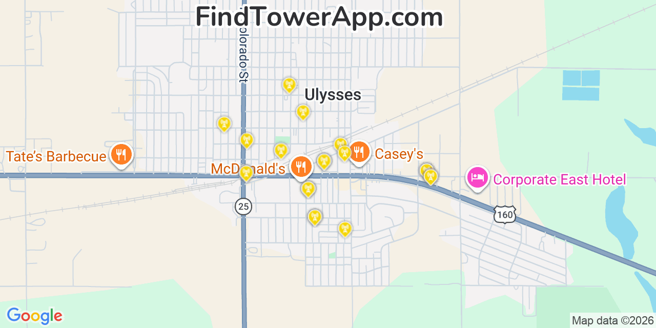 Map showing the 20 primary cell tower locations detected in Ulysses, Kansas from AT&T, Verizon, and T-Mobile networks