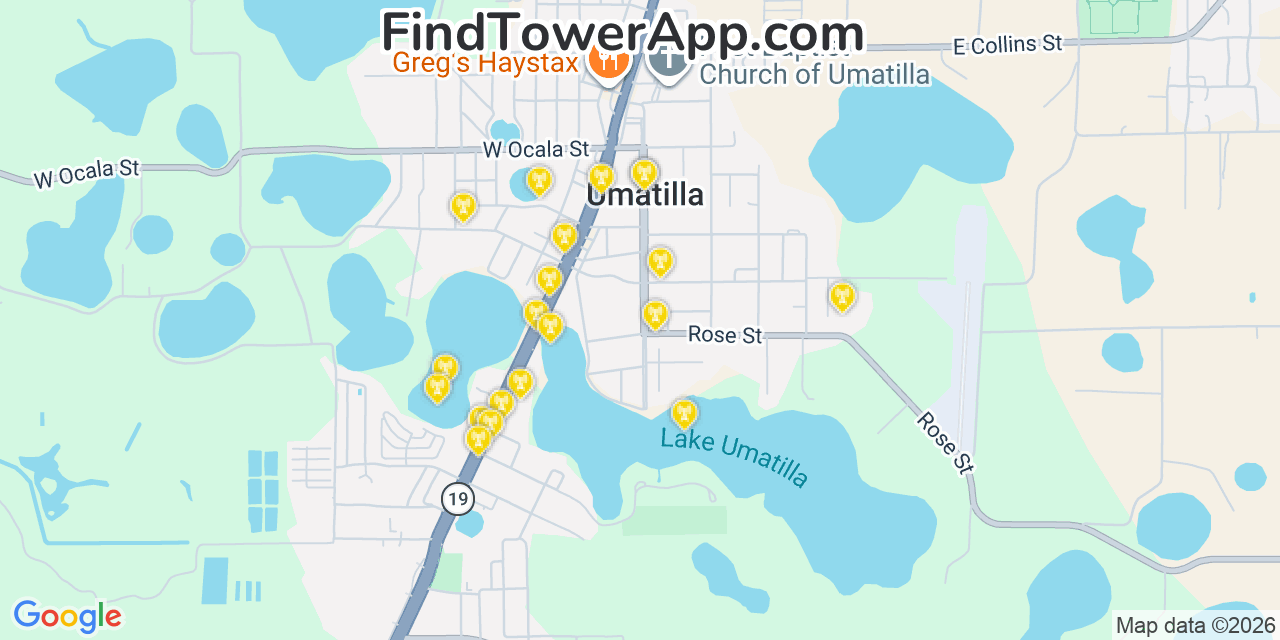 Map showing the 20 primary cell tower locations detected in Umatilla, Florida from AT&T, Verizon, and T-Mobile networks